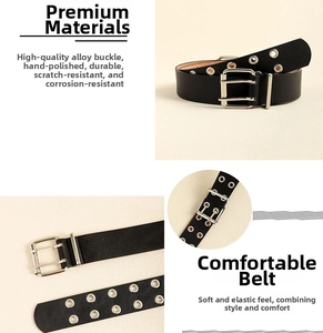 Detail of western Y2K punk belt featuring silver double buckle and dual metal eyelets