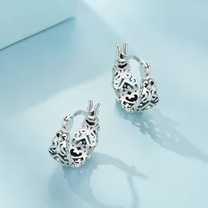 Elegant S925 sterling silver hoop earrings with hollow retro patterns and white zircon