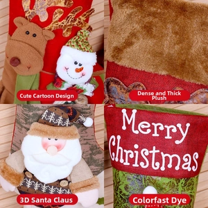 Detailed 3D Santa and Reindeer plush patterns on festive Christmas stockings