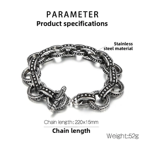 Detail view of retro stainless steel link bracelet with toggle clasp and size specs