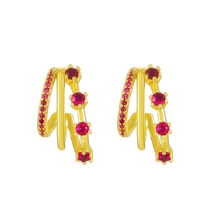 Three-layer gold C-shaped earrings with sparkling pink cubic zirconia in a vintage style
