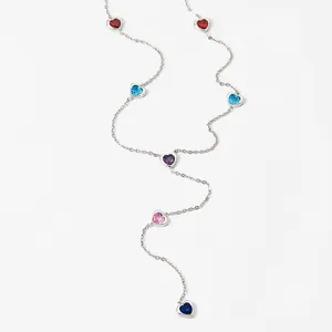 Detail of Y-shaped stainless steel necklace with multi-colored heart-shaped gemstones