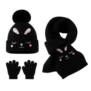 Winter 3-piece set for girls with knit hat scarf and gloves featuring rabbit embroidery