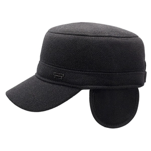 Winter thermal ear protection wool flat top cap for men with fleece lining and sports logo