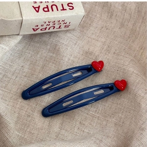 Set of 2 sweet heart bow BB hair clips in navy blue and red on beige linen fabric