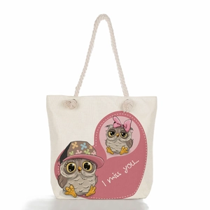 Large capacity canvas tote bag with cute owl prints and rustic hemp rope handles