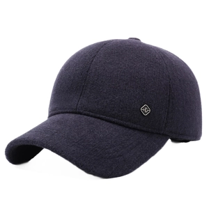 Men's winter wool baseball cap with ear flaps and silver HG metal logo in navy blue