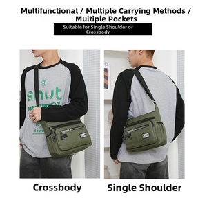 Military green crossbody bag with multiple layers and adjustable strap shown on model
