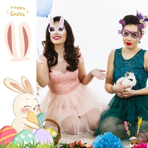 Detail of Easter bunny ear glasses frames in white, pink and purple glitter for parties