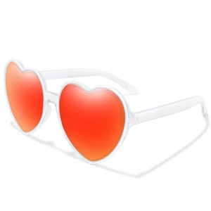 Fashionable white heart-shaped sunglasses with vibrant red-orange gradient mirror lenses