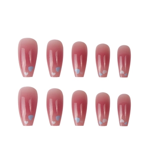 Pink gradient ballet press-on nails with heart patterns and high-gloss finish