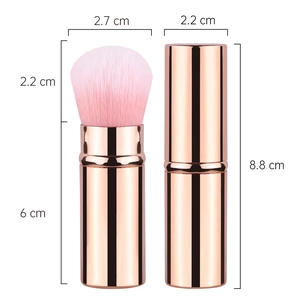 Detailed size chart of retractable rose gold makeup brush with pink gradient bristles