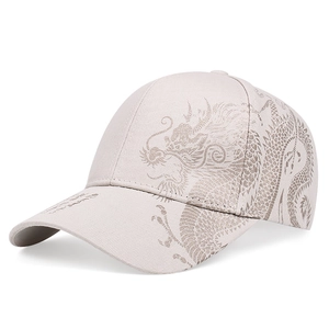Detailed view of the Chinese dragon embroidery on the light gray cotton baseball cap