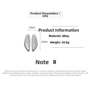 Detailed view of silver irregular oval earrings showing 6.5cm length and 2.3cm width