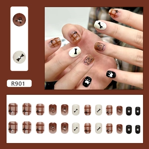 Kit de 24 faux ongles à presser marron à carreaux avec motifs d'animaux mignons