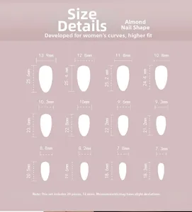 Guide des tailles pour ongles amandes avec 12 dimensions et 24 faux ongles roses