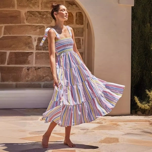Colorful striped summer maxi dress with tiered skirt and bow shoulder straps for women