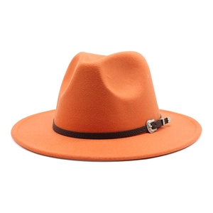 Classic bright orange wool fedora hat with wide brim and leather band for men and women