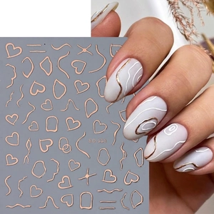 Rose gold French nail stickers with laser heart and wave patterns, model SO-223