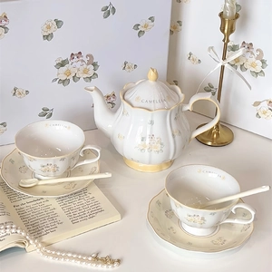 French vintage camellia and cat ceramic teapot set with cups for afternoon tea gift