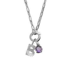 Silver titanium steel necklace with textured letter B and purple crystal pendant