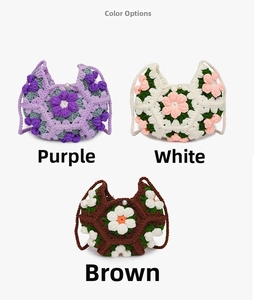 Detailed comparison of handmade crochet bags in purple, white, and brown floral styles