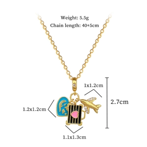 Detailed dimensions of gold titanium necklace with plane, heart earth and suitcase charms