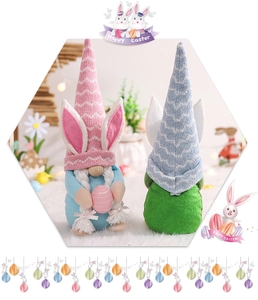 Close-up of Easter gnomes with rabbit ears holding a colorful egg on plush background