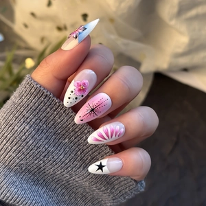 French gradient almond press-on nails with 3D handmade flowers and star patterns