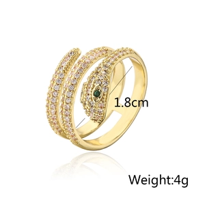 Detailed view of gold snake ring featuring cubic zirconia accents and 1.8cm diameter