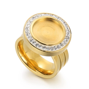 Men's gold-plated stainless steel signet ring with large round crystal setting
