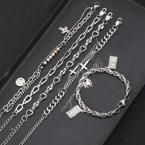 5-piece silver stainless steel bracelet set with cross and heart charms in street style