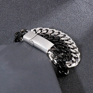 Minimalist silver and black two-tone Cuban chain bracelet for men in titanium steel