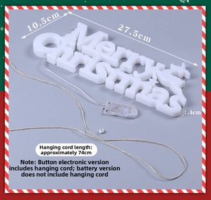 Dettaglio insegna LED luminosa Merry Christmas con dimensioni 27,5x10,5 cm e corda