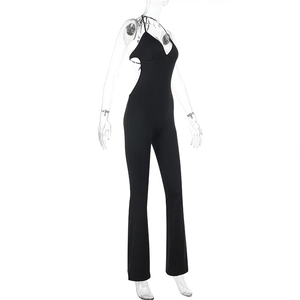 Side view of sexy backless halter jumpsuit with slim-fit flared legs in black