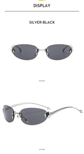 Detailed front and side views of Y2K star motif rimless oval sunglasses in silver-black