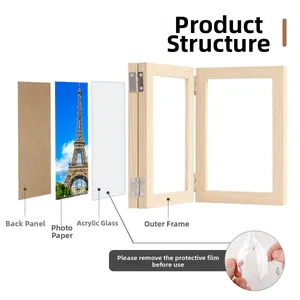 Exploded view of a triple folding wood photo frame showing glass and structural components
