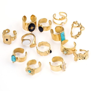 Bohemian Stainless Steel Open Rings For Women Vintage Adjustable Geometric Sun Star Natural Stone Turquoise Jewelry