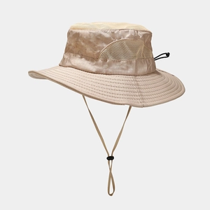 Detail showing breathable mesh vents and adjustable chin strap on the khaki safari hat