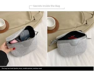 Macro view of crystal saddle bag interior showing space for phone and lipstick