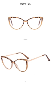 Detailed view of Demi Tea cat eye glasses frames with leopard pattern and rose gold arms