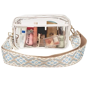 Clear PVC crossbody bag with white leather trim and blue geometric woven wide strap