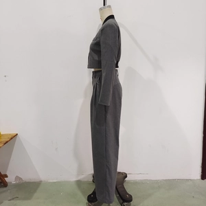 Detailed side view of grey striped two-piece suit with cropped blazer and wide-leg trousers