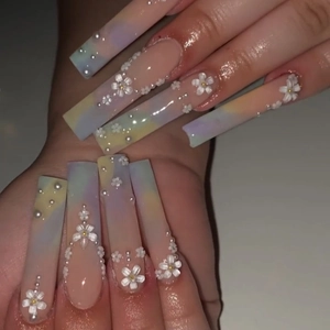 Extra Long Square Press On Nails With 3D Flowers And Faux Artificial Pearls Macaron Gradient Sweet French Style False Nails