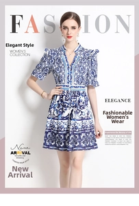 Detailed view of the V-neckline and blue porcelain floral print on a short sleeve dress