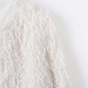 White faux fur jacket with fluffy fringe texture and soft crewneck baseball style