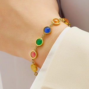 French Vintage Women Colorful Cat Eye Stones Bracelet Titanium Steel Gold Plated Adjustable Minimalist Luxury Jewelry
