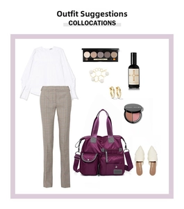 Fashionable purple nylon travel bag styled with casual workwear for a complete outfit look