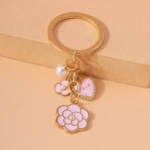 Pink camellia and pearl keychain with gold Love heart charm for handbags and purses