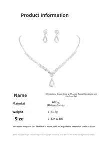 Detailed size specs for silver V-shape rhinestone tassel necklace and earrings set